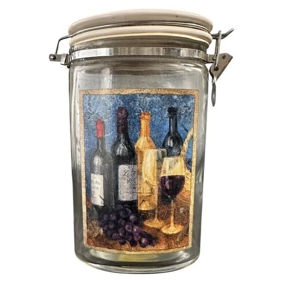 RARE Glass Canister  Wine Bottle & Grape Design 2pc Set VTG Home Storage Kitchen